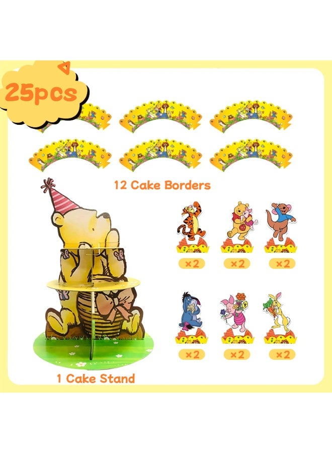ILovhaprty 25pcs Winnie the Pooh Cake Decoration Set – 3-Tier Pooh Bear Cake Stand with Cupcake Wrappers and Cake Toppers, Pooh Bear Birthday Party Supplies for Winnie Dessert Table Decorations - Image 2
